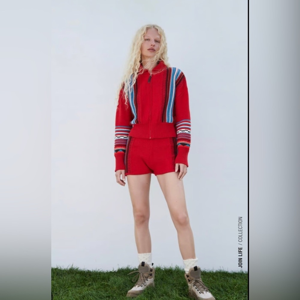 NWT Zara Knit Jacquard Zip Up Sweater S Red